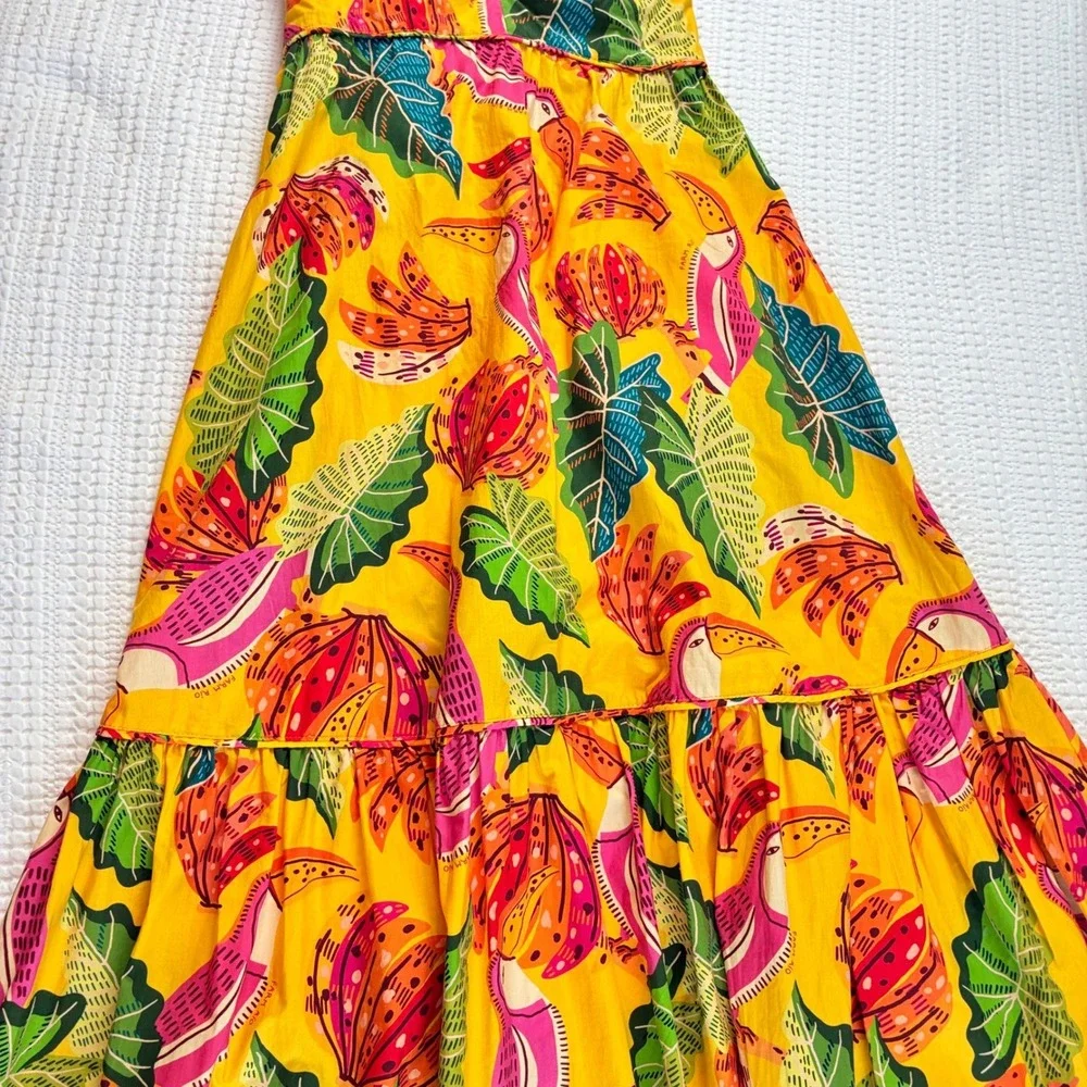 Farm Rio Yellow Tropical Toucan Banana Print Tiered Tie Back Maxi Dress Cotton